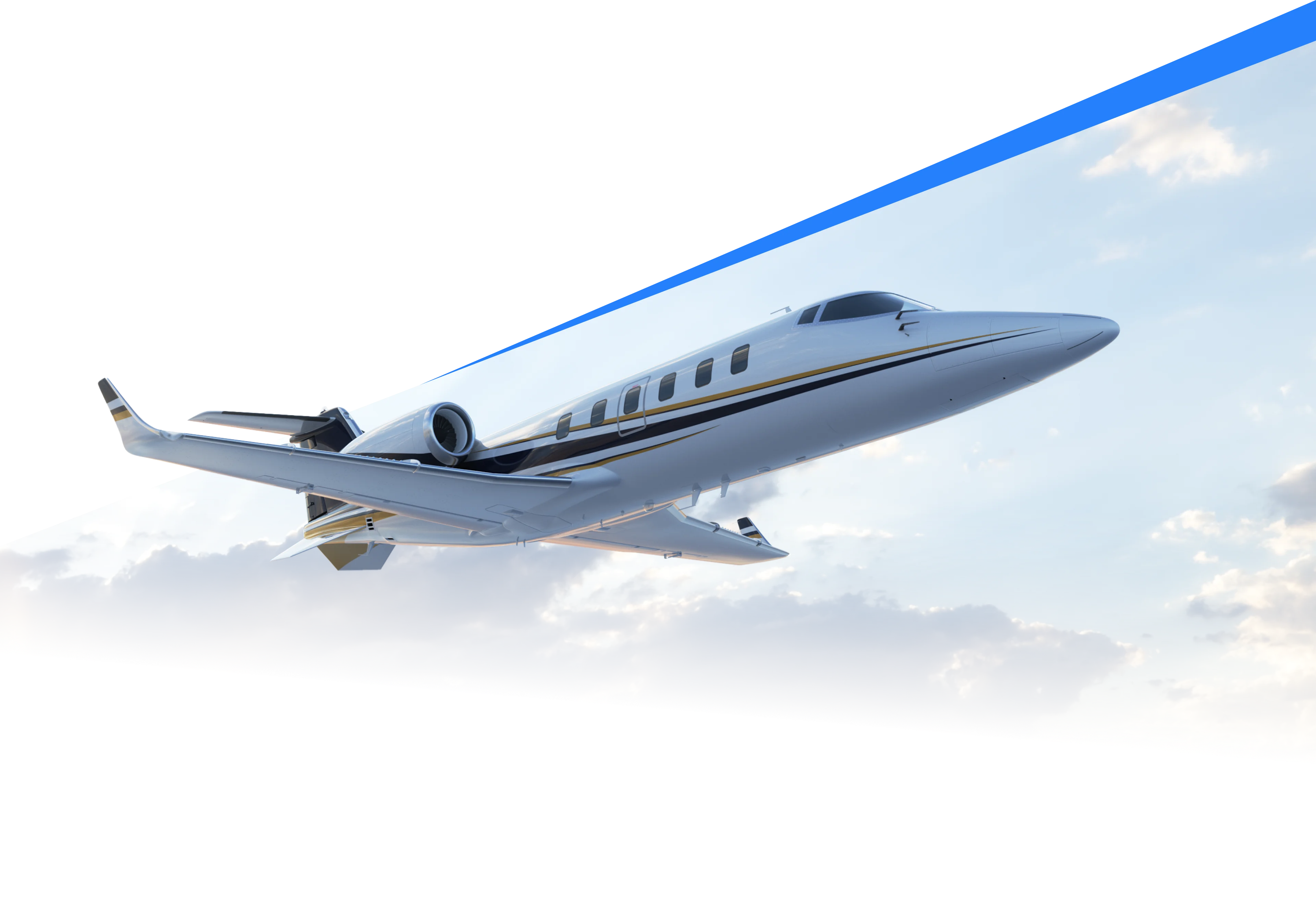 Jetvia Learjet 60 climbing against a bright sky