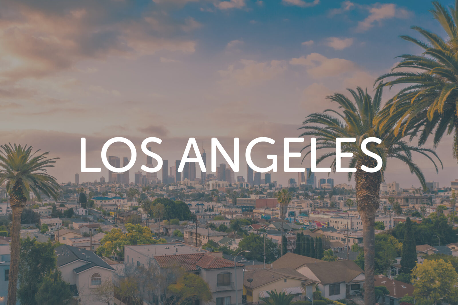 Jet Charter A view of Los Angeles with palm trees in the foreground, city buildings in the distance, and "LOS ANGELES" written in large white letters across the center—a scene as iconic as planning flights from New York to Key West for your next adventure. Jetvia