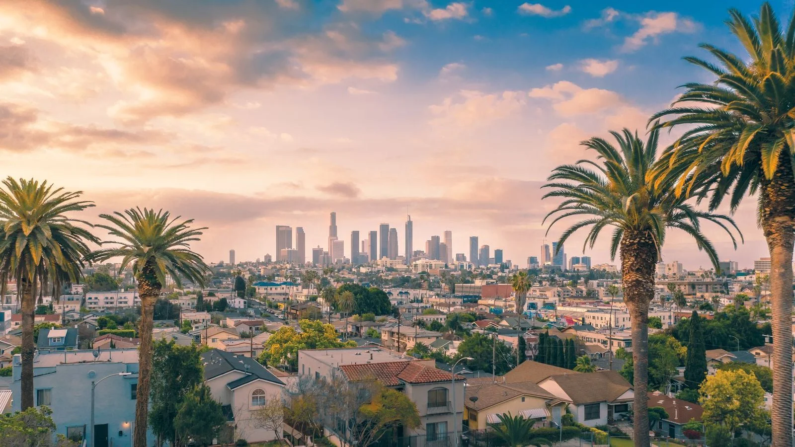 Jet Charter A cityscape view of downtown Los Angeles at sunset, with palm trees in the foreground, houses below, and the tall skyline under a colorful sky—a perfect scene to welcome travelers arriving on flights from New York to Los Angeles. Jetvia